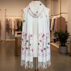 Handcrafted Kashmiri Aari Embroidery Shawl Cream Floral Crewel Viscose Wrap